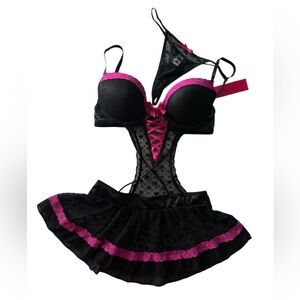 Black and Pink Lace Lingerie Set